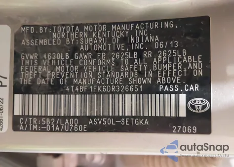 2013 Toyota Camry Xle from USA, damaged, VIN 4T4BF1FK6DR326651